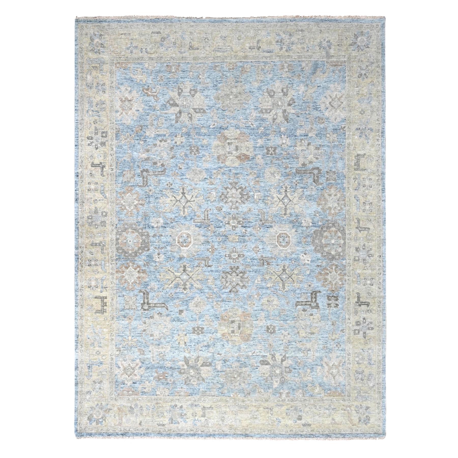 Ruddy Blue, Antiqued Persian with Ziegler Mahal Design, Hand Knotted, Distressed, Oxidized, Zero Pile, Shaved Low, Pure Wool, Oriental Rug